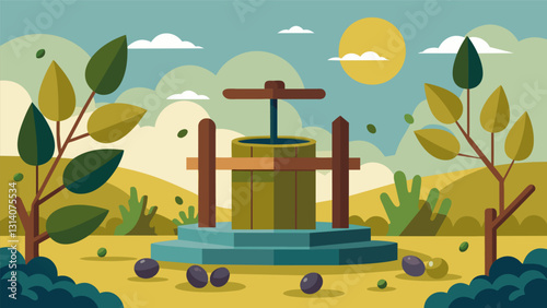 The aroma of fresh herbs filled the air of a small olive grove in Greece where a traditional oil press waited for the harvest of juicy ripe olives.. Vector illustration