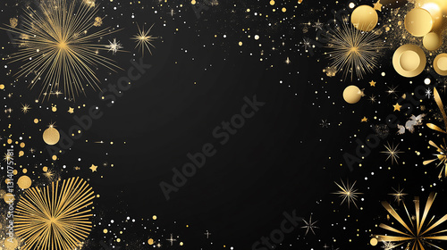 Elegant black background with gold fireworks and stars festive design new art year card dark party