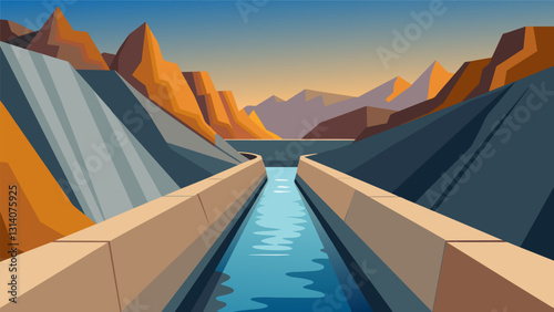 The hydropower canal s through the rocky mountain terrain its smooth surface reflecting the sunlight and providing a tranquil contrast to the rugged. Vector illustration