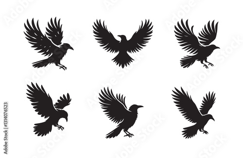 Crow bird black soild silhouette bundle isolated on white background, clip art logo icon set