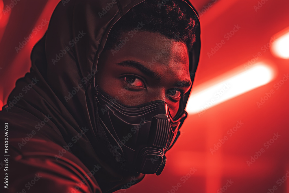 Futuristic Portrait of a Masked Individual in Red Neon Lighting Futuristic Portrait of a Masked Individual in Red Neon Lighting