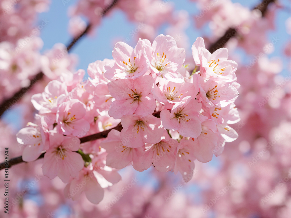 Delicate pink blossoms cluster on a branch against a soft blue sky, epitomizing the beauty of springtime. Delicate pink blossoms cluster on a branch against a soft blue sky, epitomizing the beauty of springtime.