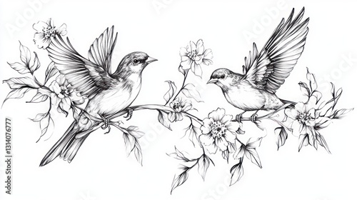 Wallpaper Mural Two birds in flight on a flowering branch.  Detailed line art depiction of  birds in mid-flight, perched on a branch laden with delicate blossoms.  Intricate, elegant design Torontodigital.ca