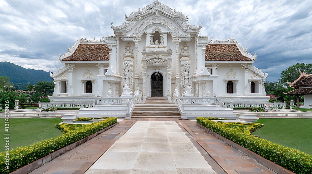 Fototapeta premium Ornate White Temple with Intricate Carvings and Lush Green Lawns