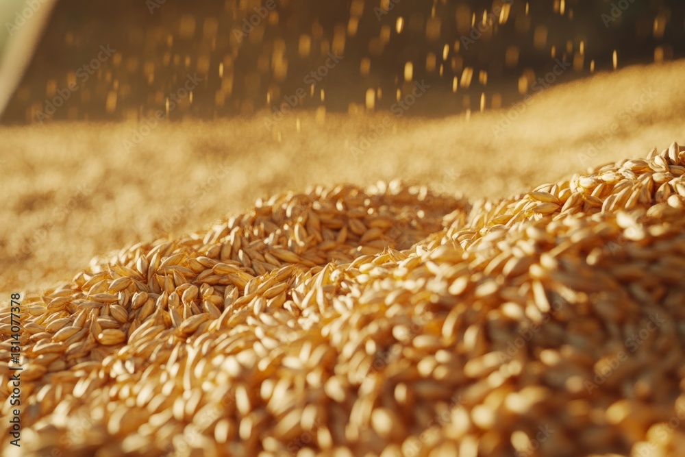 Obraz premium Close-up of wheat grains and stalks in golden field. AI generative