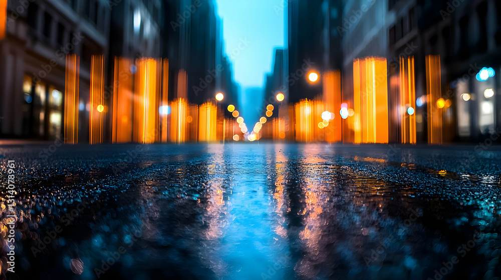 Obraz premium Low Angle View Of Wet City Street At Night With Blurred Orange And Blue City Lights Reflecting On Wet Pavement In Moody And Atmospheric Urban Photography