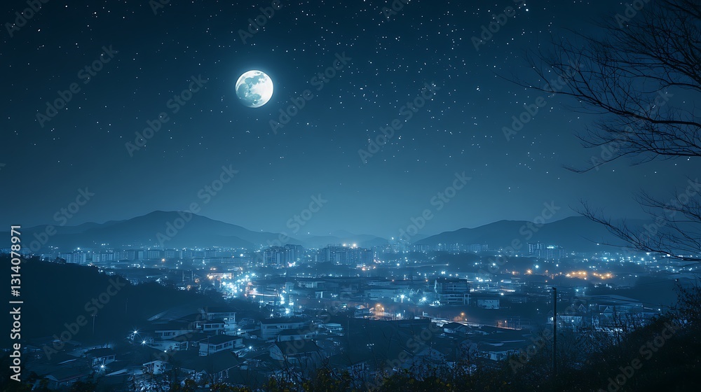 Naklejka premium Night cityscape with full moon and starry sky.