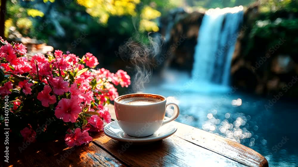 Steaming cup of coffee on a wooden table near a peaceful waterfall. Seamless looping 4K time-lapse animation video background