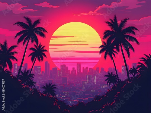 Hotline miami vibes, neon retro cityscape, pixel art palm trees, 80s aesthetic sunset, vivid pink-orange hues, dramatic palm silhouettes, retro futuristic art for video game backgrounds