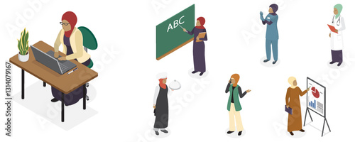 Set of business arabian woman in hijab and traditional dress. Muslim lady in executive management position, company manager, teacher, doctor, nurse and chef. Isometric flat vector illustration