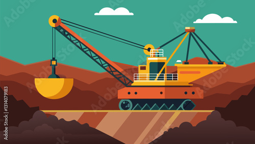 An imposing dragline excavator resembling a crane slowly digging into the earth to mine for coal.. Vector illustration
