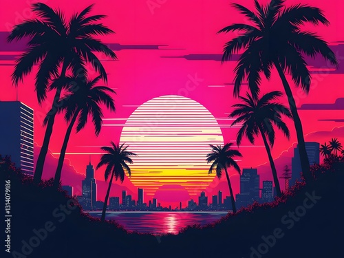 Hotline miami vibes, neon retro cityscape, pixel art palm trees, 80s aesthetic sunset, vivid pink-orange hues, dramatic palm silhouettes, retro futuristic art for video game backgrounds