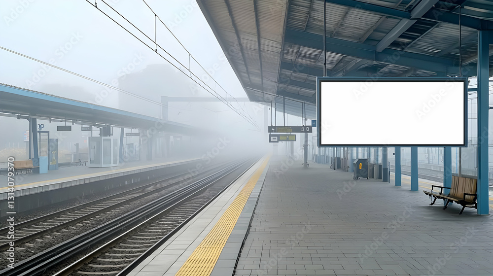 Foggy Train Station Platform With Blank Billboard Advertisement Space in a Deserted Urban Setting Foggy Train Station Platform With Blank Billboard Advertisement Space in a Deserted Urban Setting