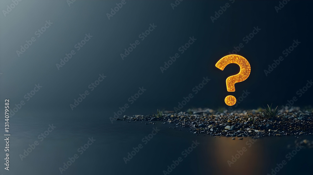 Fototapeta premium A 3D Golden Question Mark Hovering Above a Textured Dark Surface Illuminated by Warm Light