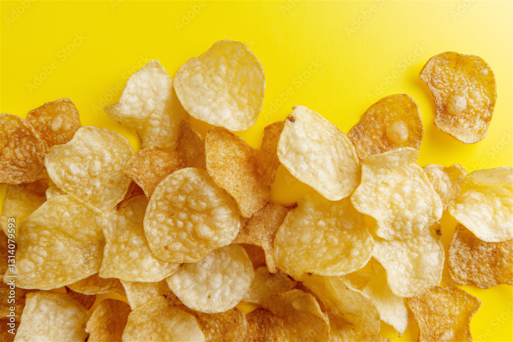 Close-up of crisp and golden potato chips scattered on a bright yellow surface. The vibrant yellow background enhances the appeal of these crispy, crunchy chips. Close-up of crisp and golden potato chips scattered on a bright yellow surface. The vibrant yellow background enhances the appeal of these crispy, crunchy chips.