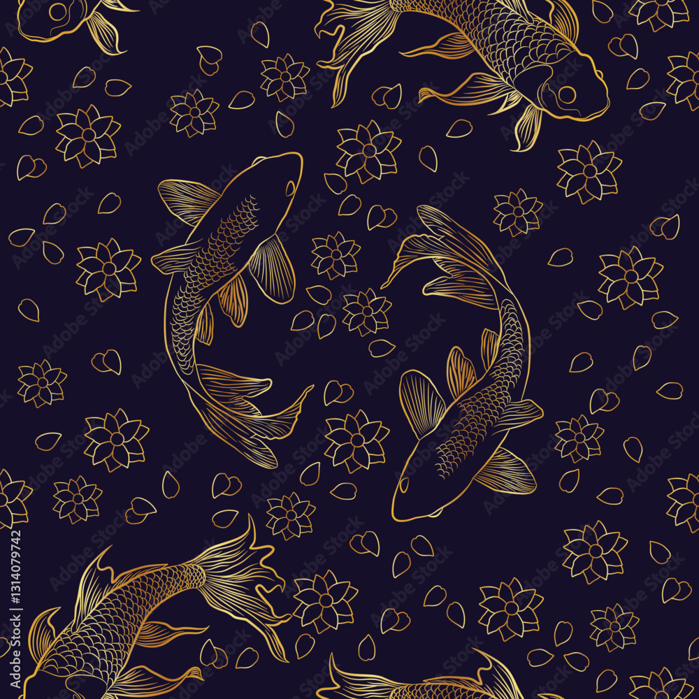 Seamless vector pattern with hand drawn golden koi fish and floral on dark purple background. luxurious design element. Perfect for wallpapers, backdrop, fabric, surface textures, textile, print.