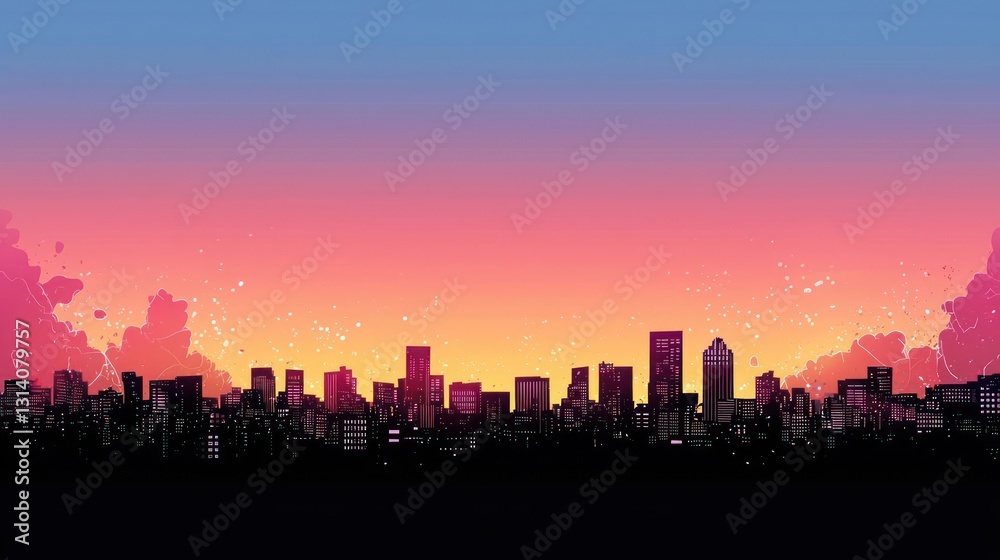 Fototapeta premium City Skyline Silhouette Against a Vivid Sunset Sky with Pink and Orange Hues