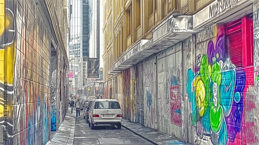 Fototapeta premium A colorful graffiti wall in an urban alley, showcasing a vibrant mix of street art and creative expression, depicting the energy of city life.