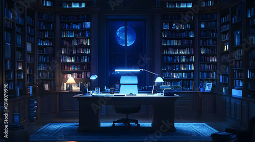 Wallpaper Mural Illustration - Night Study Library Desk Bookshelf Moonlight Torontodigital.ca