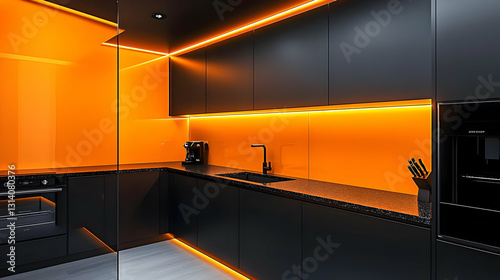 Wallpaper Mural Illustration Modern Kitchen Interior Design Orange Backsplash Black Cabinets Torontodigital.ca