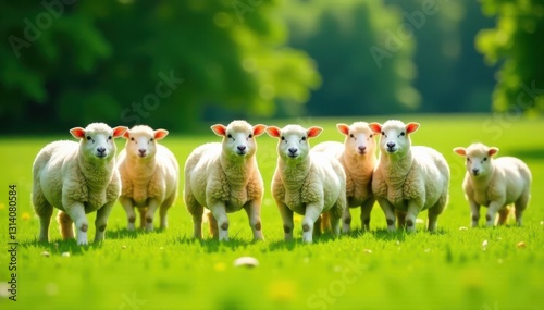 A flock of sheep enjoying a sunny day in a lush green field , day, rural