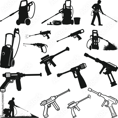 Pressure Washer Silhouettes, Pressure Washer Gun Icon Vector Silhouette, High-pressure washer icons vector Silhouette Illustration. Car wash foam. Water soap cleaning