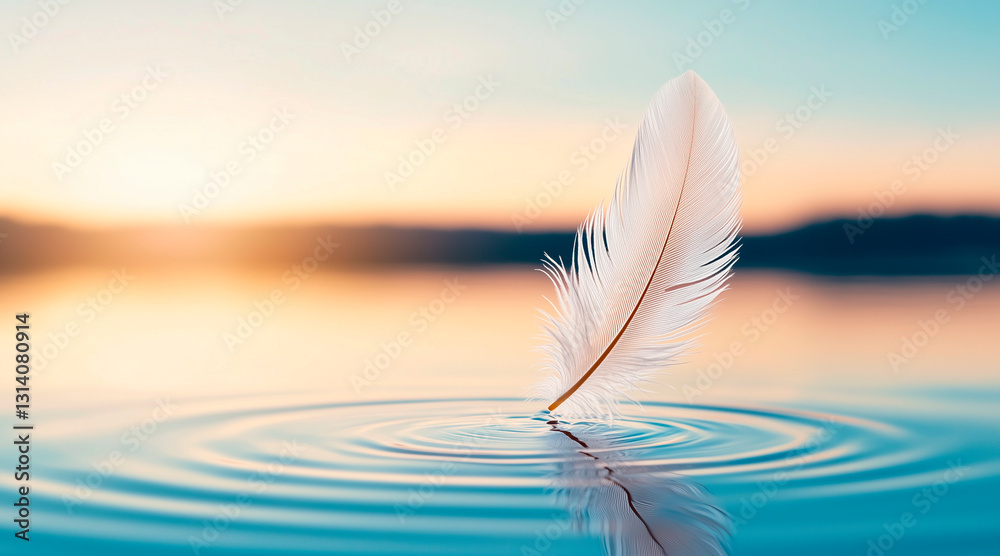 A single feather floating on a pond reflecting the universe, symbolizing serenity and deep introspection, poetic aesthetic A single feather floating on a pond reflecting the universe, symbolizing serenity and deep introspection, poetic aesthetic