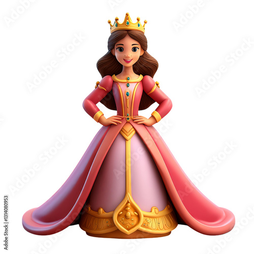Charming Cartoon Princess with Crown and Colorful Elegant Dress, isolated on transparent background