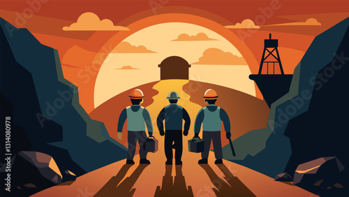 As the miners emerge from the mine covered in dirt and exhausted from a long days work they are greeted by the sight of a sunset reminding them of the. Vector illustration