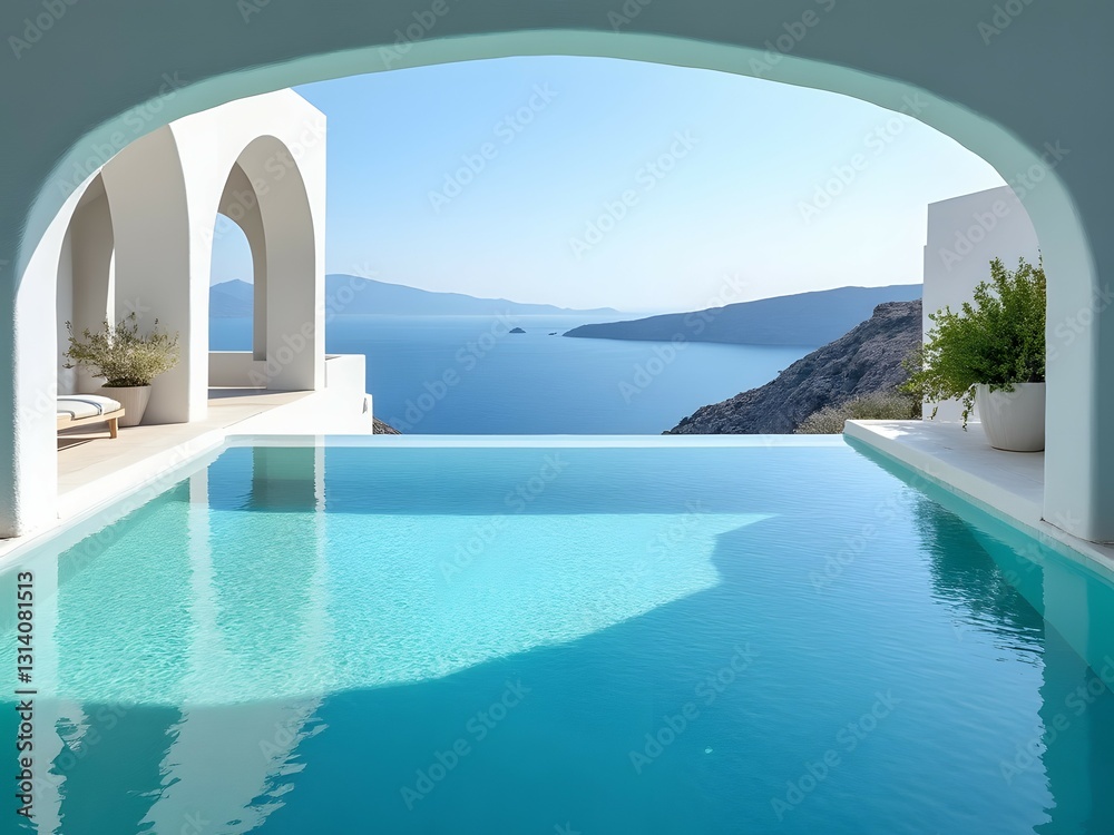 Fototapeta premium Luxury infinity pool with crystal-clear water and ocean view, white arches and rocky landscape. Luxurious villa design, whitewashed architecture