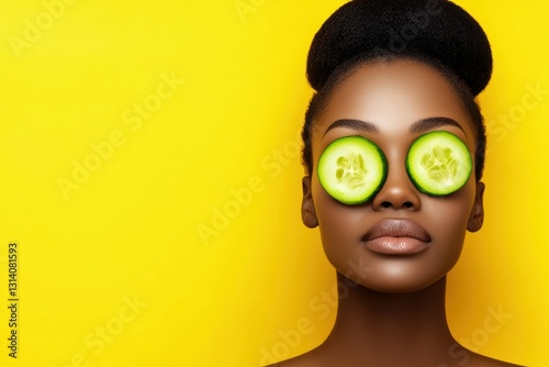 An artistic portrayal with cucumbers soothingly placed on a black woman's closed eyes. This minimalist composition contrasts monochrome tones with a fresh green pop, highlighting beauty and serenity. photo