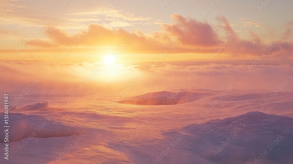 Sunset Over a Snowy Landscape with Soft Clouds and Warm Colors Sunset Over a Snowy Landscape with Soft Clouds and Warm Colors
