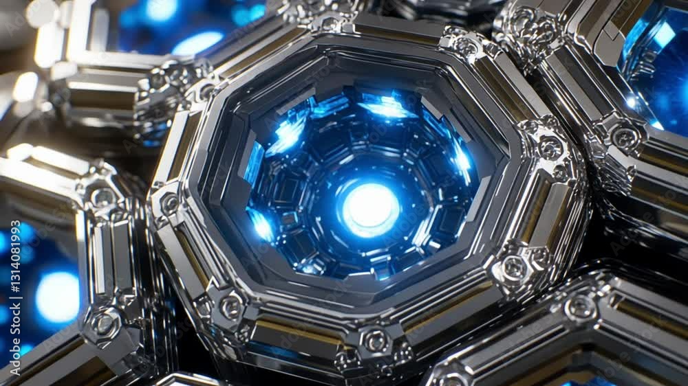 Futuristic metallic hexagonal structure with glowing blue lights, depicting advanced technology and sci-fi inspired design.