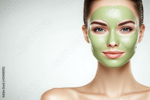 A serene portrait of a young woman adorned with a green clay mask, leaving her bright eyes and lips shining. This close-up captures beauty and relaxation in skincare ritual.