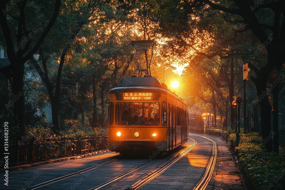 Obraz premium Sunrise tram through parkway