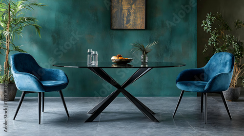 Wallpaper Mural Photo - Stylish Teal Velvet Chairs and Black X-Base Table in Modern Dining Room Interior Torontodigital.ca