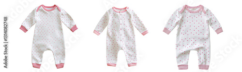 pink polka dot baby rompers on white background