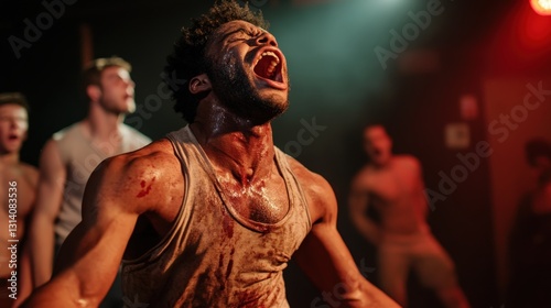 A male actor passionately releases his emotions on stage, engulfed in a dynamic performance amid a captivating atmosphere, expressing the profundity of human feelings.