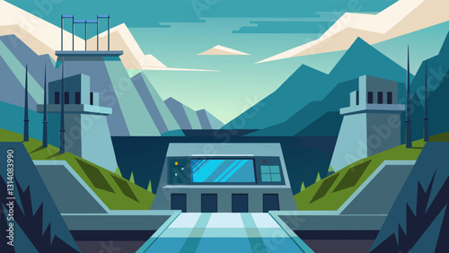 The control room with its sleek and modern design is a stark contrast to the rugged and natural landscape surrounding the hydropower plant.. Vector illustration