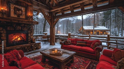 Cozy winter cabin porch with fireplace