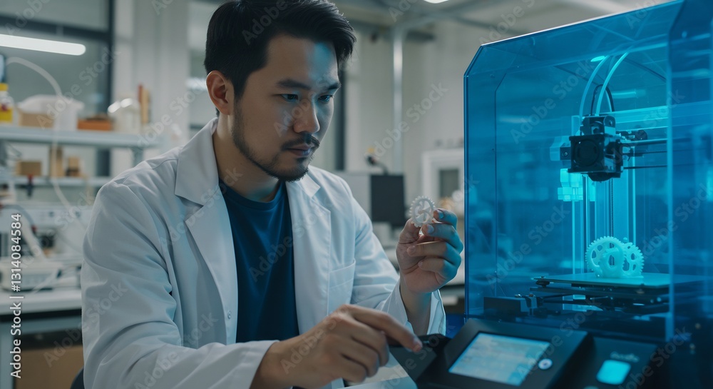 Focused scientist expertly operates futuristic blue 3D printer creating innovative design. AI Generated Focused scientist expertly operates futuristic blue 3D printer creating innovative design. AI Generated