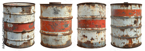 rusty metal barrels with red stripes on white background