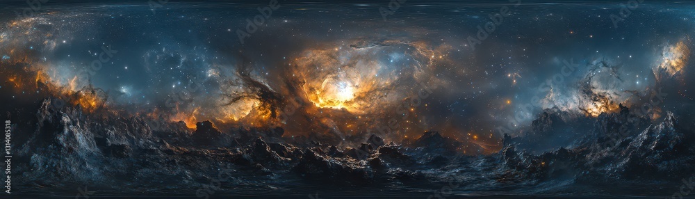 Fototapeta premium A stunning painting of a vast galaxy, featuring a vibrant orange and blue core that radiates light. Swirling stars and cosmic dust create a mesmerizing backdrop, evoking a sense of wonder.