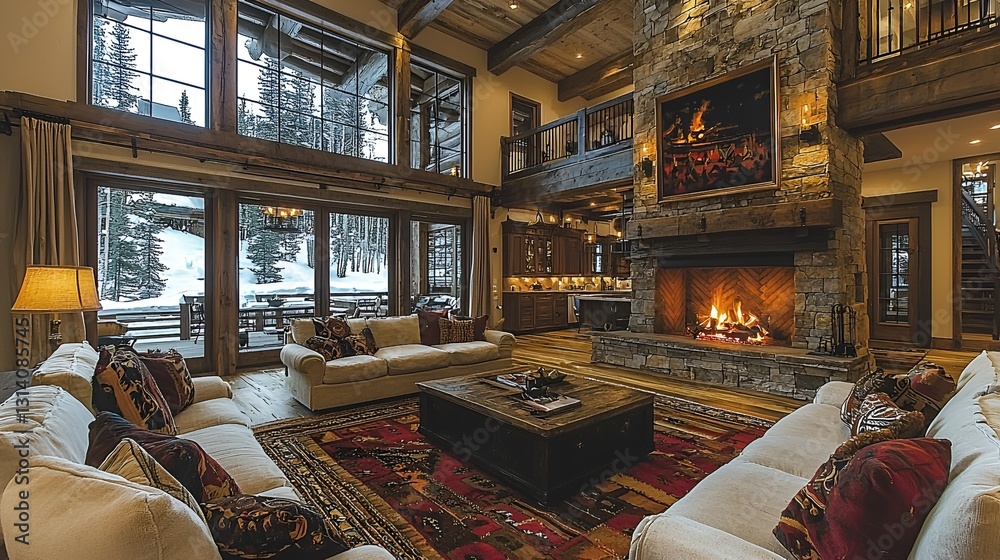 Spacious log cabin living room with fireplace and mountain views Spacious log cabin living room with fireplace and mountain views