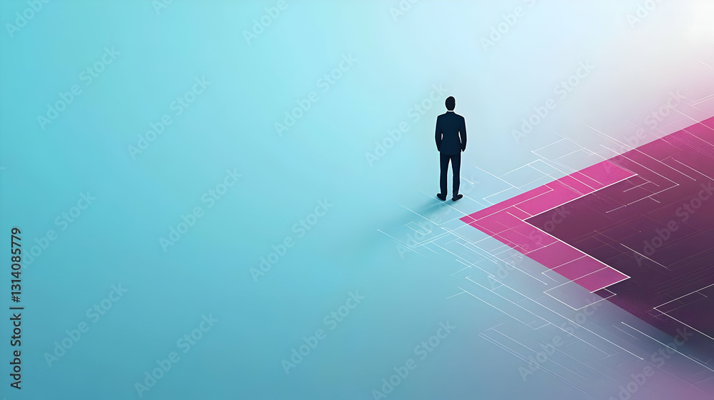 Obraz premium Businessman Standing At The Edge Of A Pixelated Pink Arrow On A Blue And Pink Gradient Background Symbolizing Future Vision And Strategic Decision Making In Modern Business