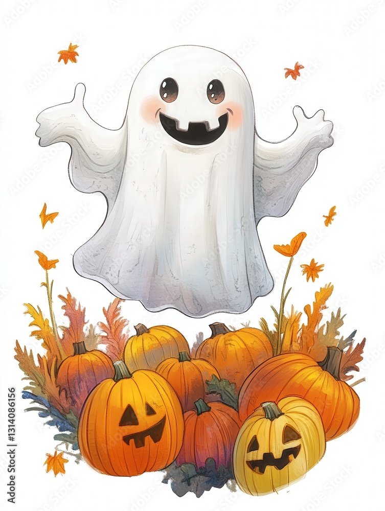 friendly ghost with big sparkling eyes and a mischievous grin, floating above a colorful pumpkin patch, friendly ghost with big sparkling eyes and a mischievous grin, floating above a colorful pumpkin patch,