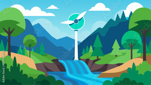 Deep in a lush forest a turbine spins silently taking advantage of a nearby stream to produce electricity without disrupting the serene natural. Vector illustration