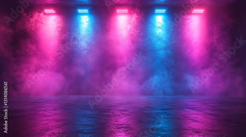 The dark stage shows, empty dark blue, purple, pink background, neon light, spotlights