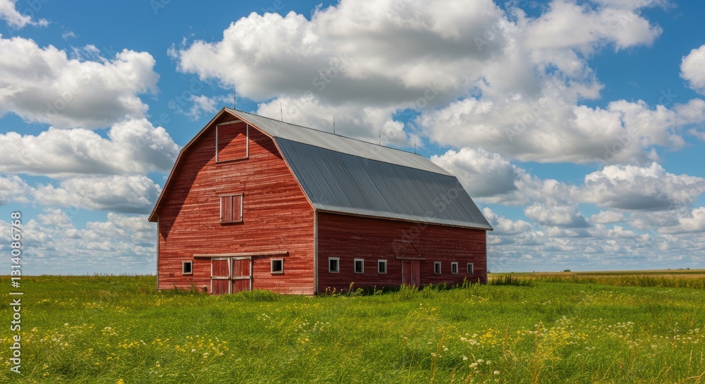 Rustic red barn in vibrant countryside under blue sky with white clouds Rustic red barn in vibrant countryside under blue sky with white clouds