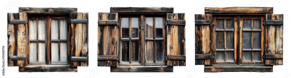 rustic wooden windows with shutters on white background rustic wooden windows with shutters on white background